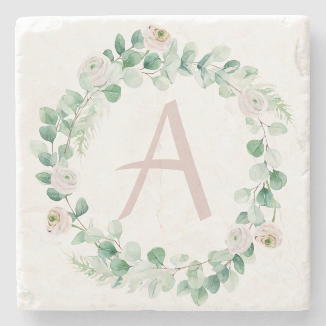 Spring peony wreath with letter customisable stone coaster (Front)