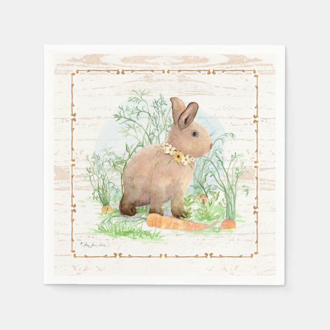 Spring Peter Rabbit Carrot Garden Watercolor Wood Napkin (Front)