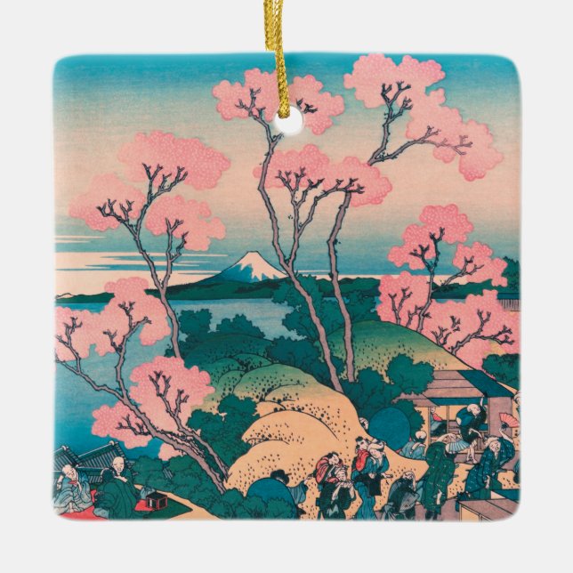Spring Picnic under Cherry Tree Flowers Mount Fuji Ceramic Ornament (Front)
