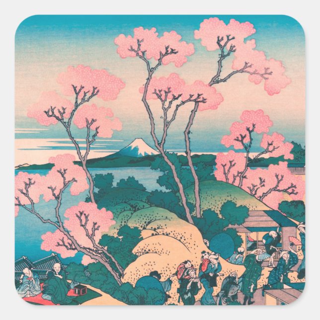 Spring Picnic under Cherry Tree Flowers Mount Fuji Square Sticker (Front)