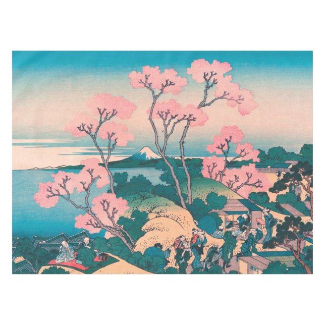 Spring Picnic under Cherry Tree Flowers Mount Fuji Tablecloth (Front (Horizontal))