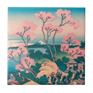 Spring Picnic under Cherry Tree Flowers Mount Fuji Tile