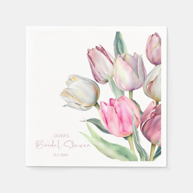 Spring pink and white tulips Bridal shower Napkin (Front)