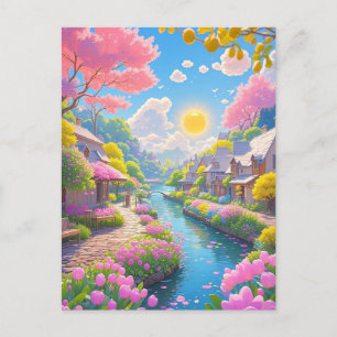 Spring Pink Blooms Scenic Riverside Nature Postcard