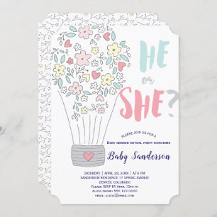 Spring pink blue floral blooms gender reveal party invitation