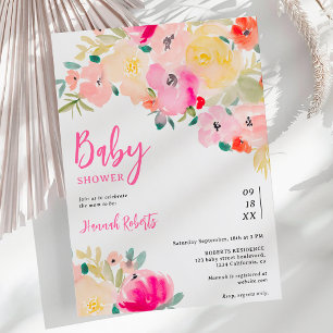 Spring pink boho chic garden floral baby shower invitation