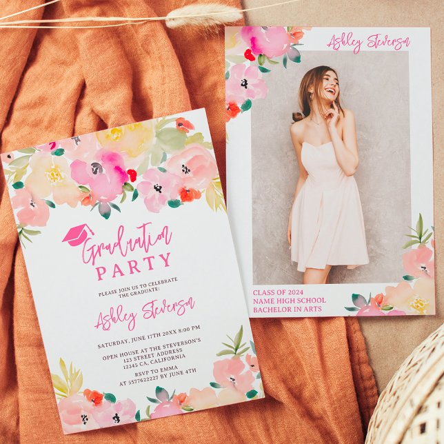 Spring pink boho chic garden floral graduation invitation (Spring pink boho chic garden floral graduation invitation)