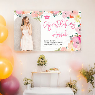 Spring pink boho garden floral graduation congrats banner