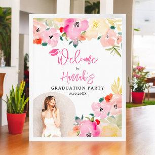 Spring pink boho  garden floral graduation welcome poster
