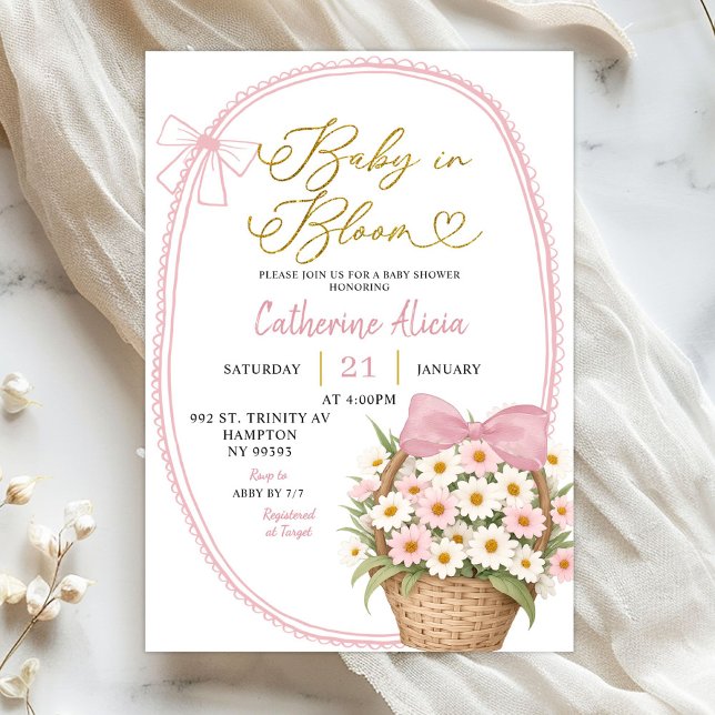 Spring Pink Bow Daisy Baby in Bloom Baby Shower Invitation (Creator Uploaded)