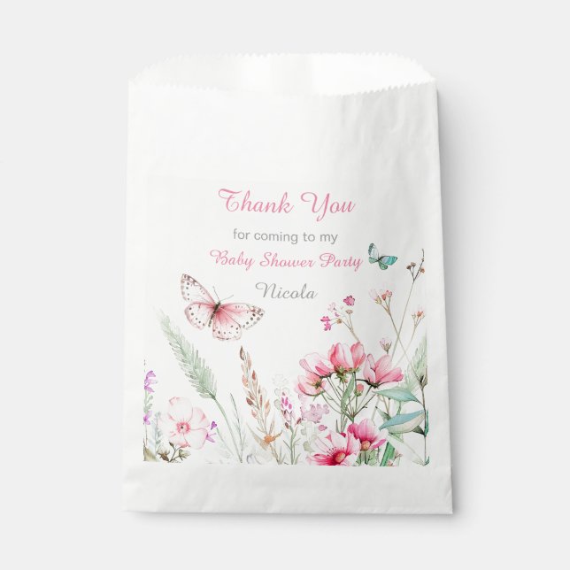 Spring Pink Butterfly Floral Baby Shower Favour Bags (Front)
