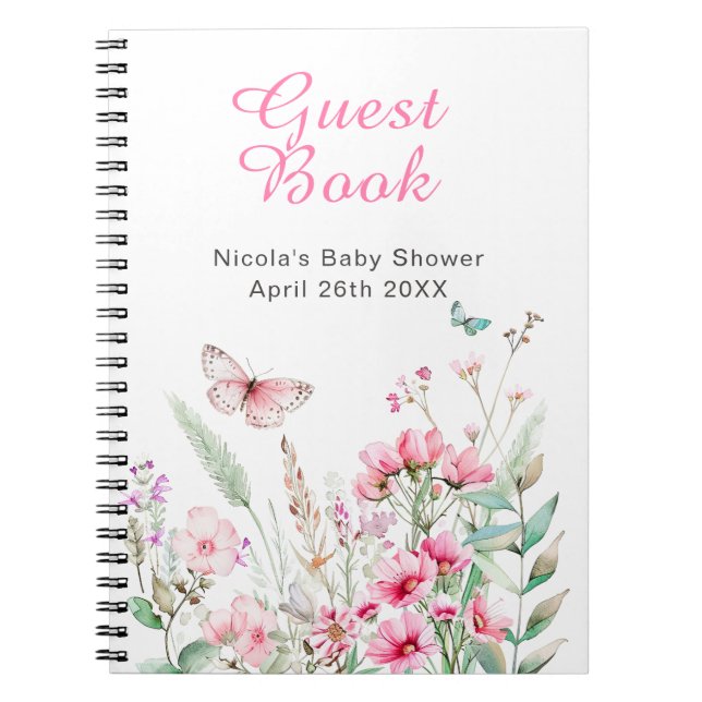 Spring Pink Butterfly Floral Baby Shower Notebook (Front)