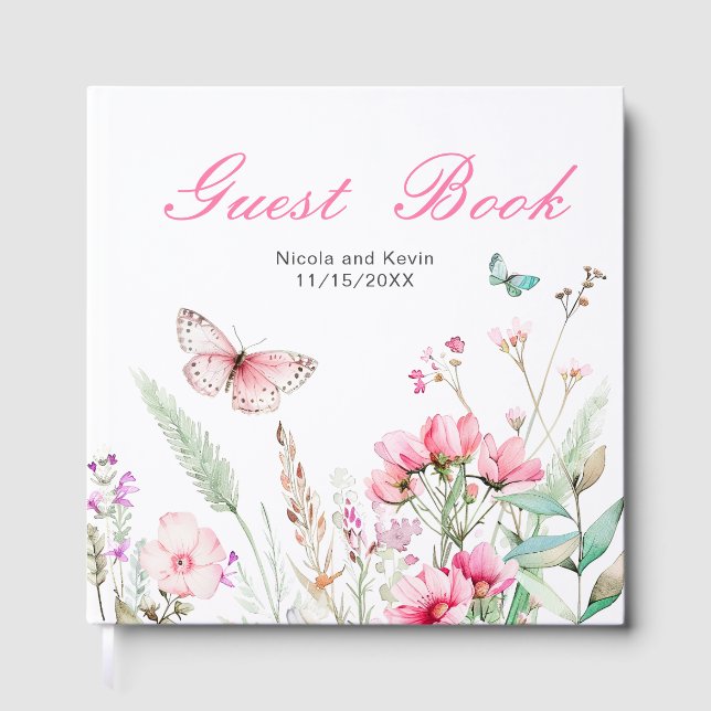Spring Pink Butterfly Floral Wedding Guest Book (Front)