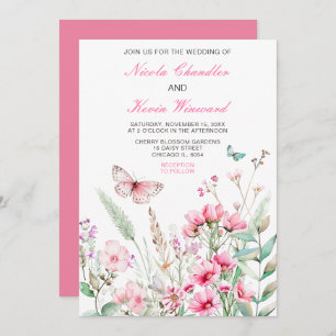 Spring Pink Butterfly Floral Wedding Invitation