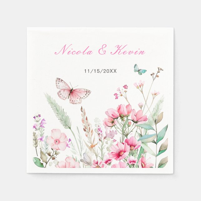 Spring Pink Butterfly Floral Wedding Napkin (Front)