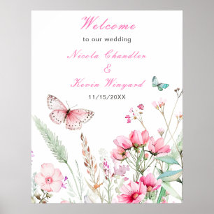 Spring Pink Butterfly Floral Wedding Poster