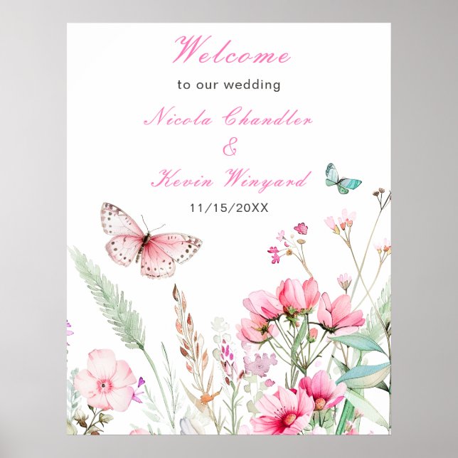 Spring Pink Butterfly Floral Wedding Poster (Front)