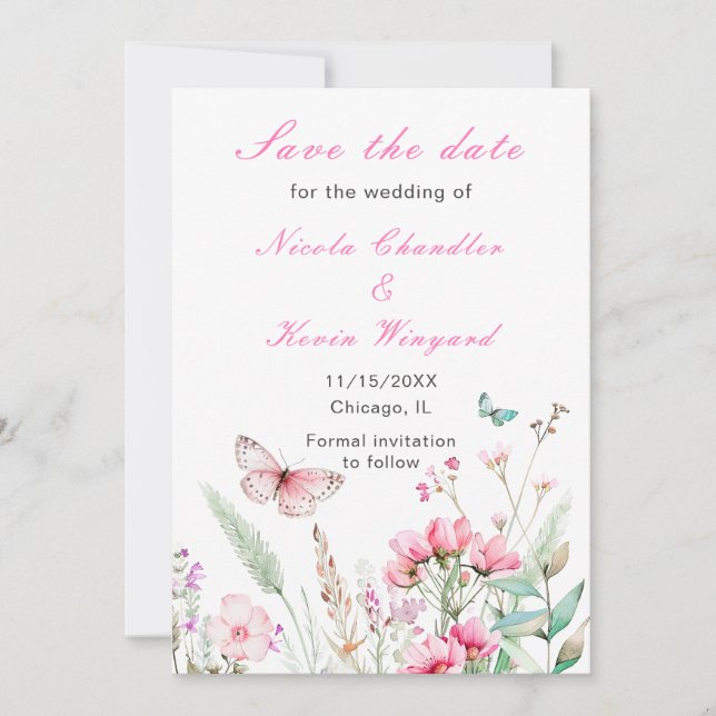 Spring Pink Butterfly Floral Wedding Save The Date (Front)