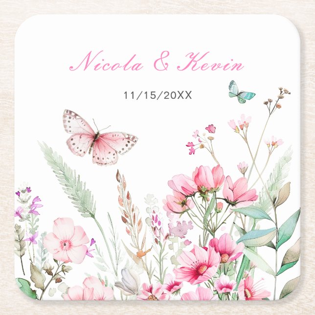 Spring Pink Butterfly Floral Wedding Square Paper Coaster (Front)