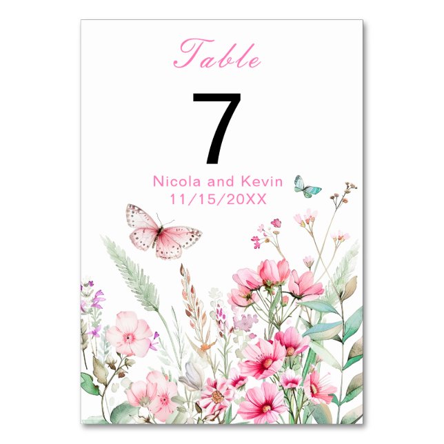 Spring Pink Butterfly Floral Wedding Table Number (Front)