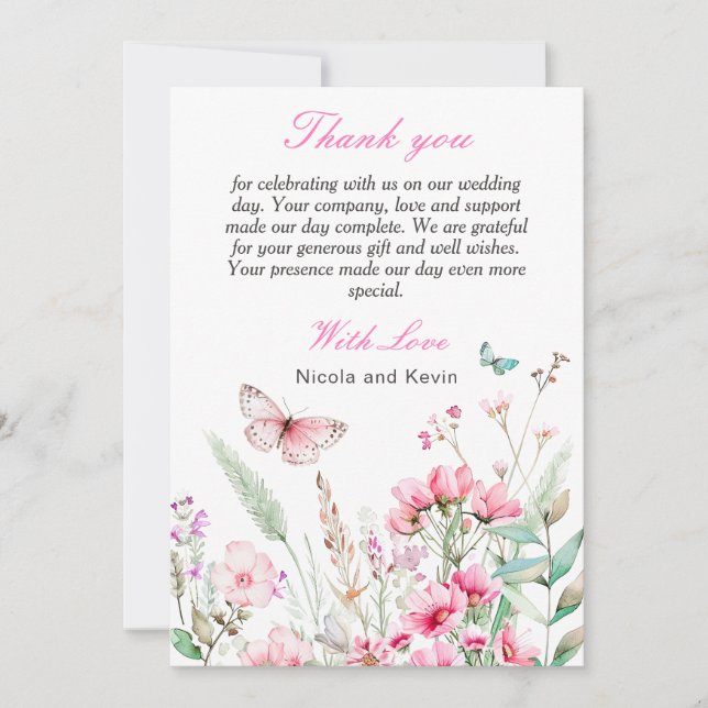 Spring Pink Butterfly Floral Wedding Thank You Card (Front)