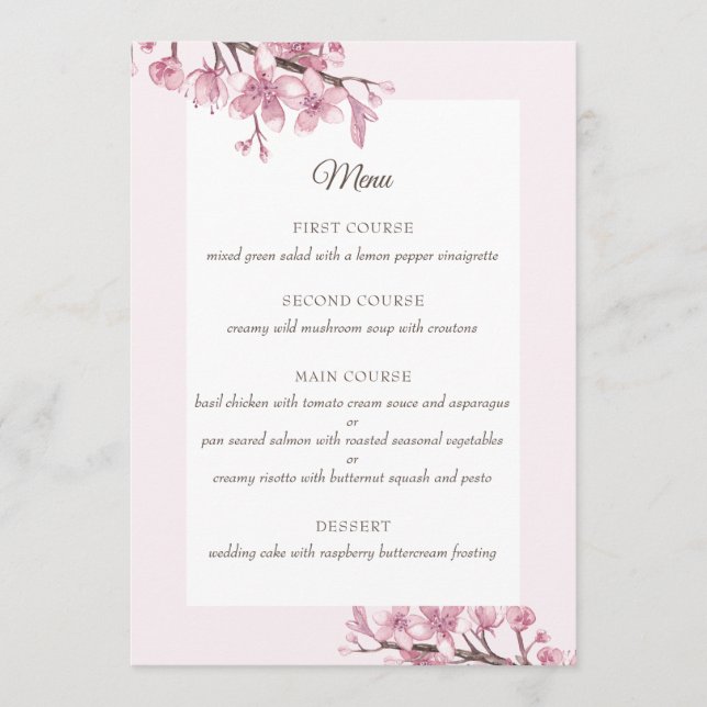 Spring Pink cherry blossom. Floral wedding Menu (Front)
