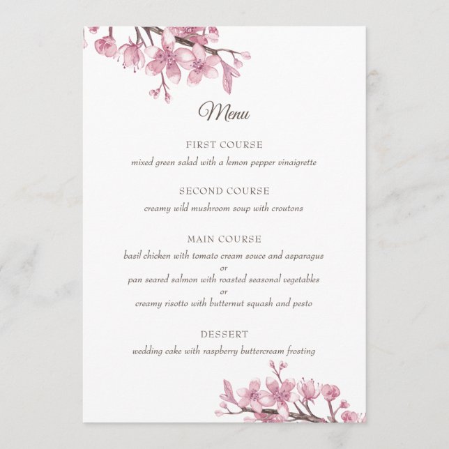 Spring Pink cherry blossom. Floral wedding Menu (Front)