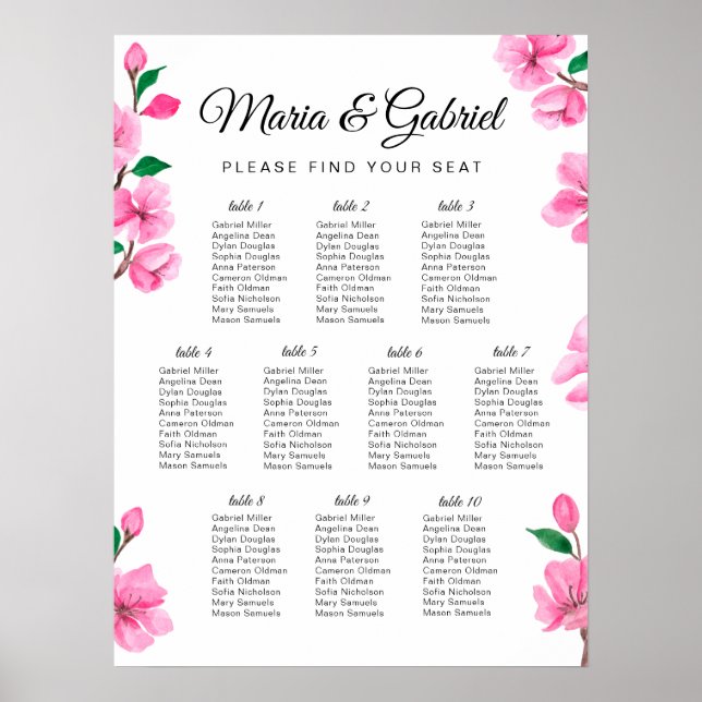 Spring Pink Cherry Blossom Wedding Seating Chart (Front)
