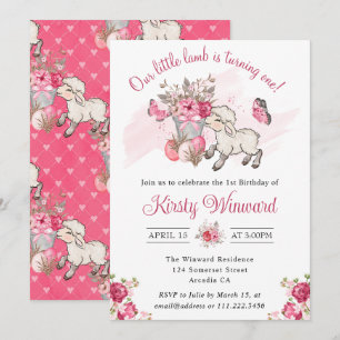 Spring Pink Floral Basket & Cute Lamb 1st Birthday Invitation