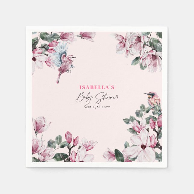 Spring Pink Floral & Birds Baby Shower  Napkin (Front)