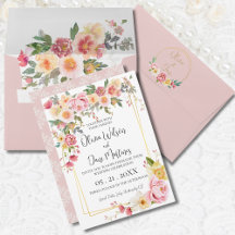 Spring Pink Floral Gold Frame Wedding Invitation