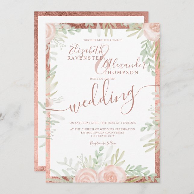 Spring Pink floral rose gold border white wedding Invitation (Front/Back)