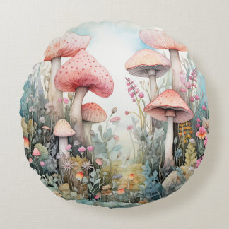 Spring Pink Mushroom Vibes Watercolor Round Cushion
