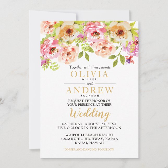 Spring Pink Orange Watercolor Flowers | Wedding Invitation (Front)