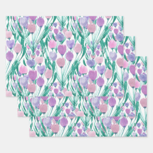 Spring Pink Purple Tulip Floral Watercolor Wrapping Paper Sheet