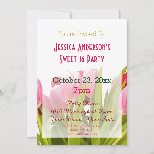 Spring Pink Red Tulip Sweet 16 Birthday Invitation (Front)