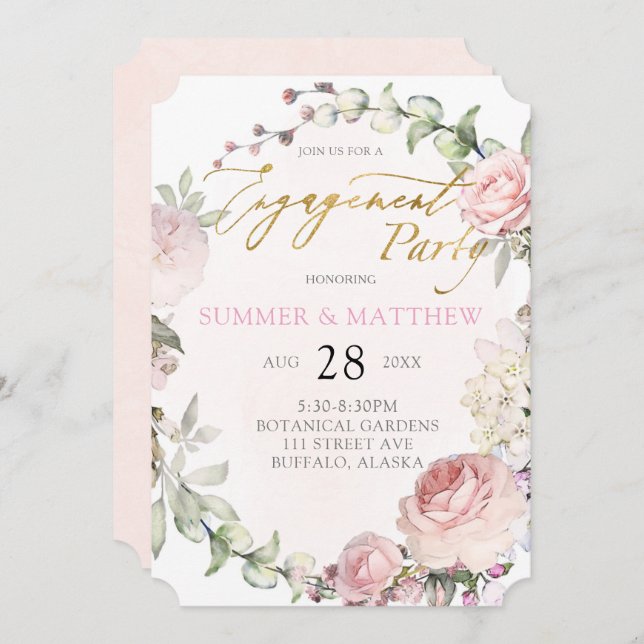 Spring Pink Roses Peony Gold Foil Engagement Party Invitation (Front/Back)