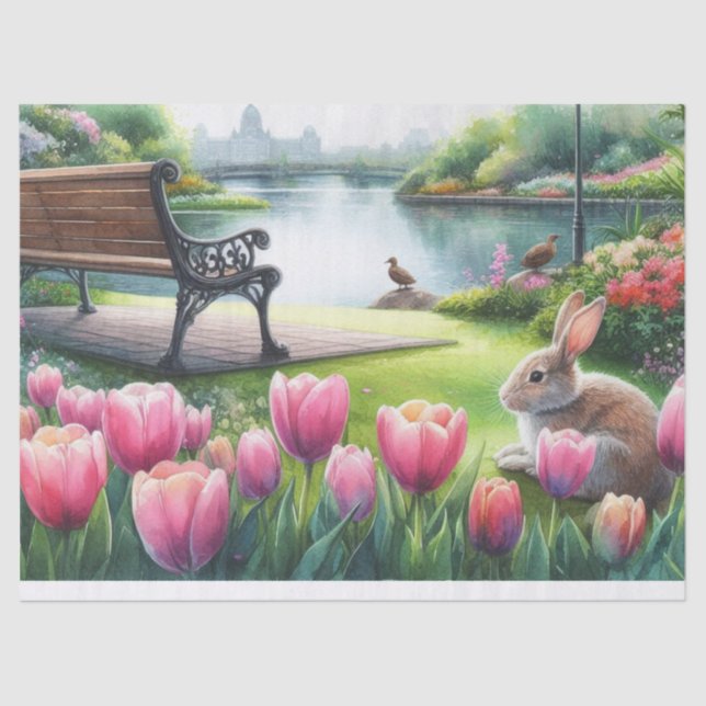Spring Pink Tulips and Park Bench  Decoupage Tissue Paper (Front)