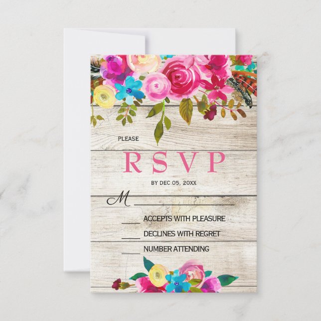 Spring Pink Watercolor Floral Wood RSVP card (Front)