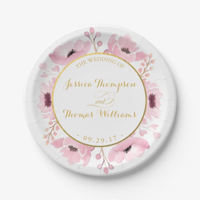 Spring Pinks Watercolor Floral Wedding Collection Paper Plate (Front)