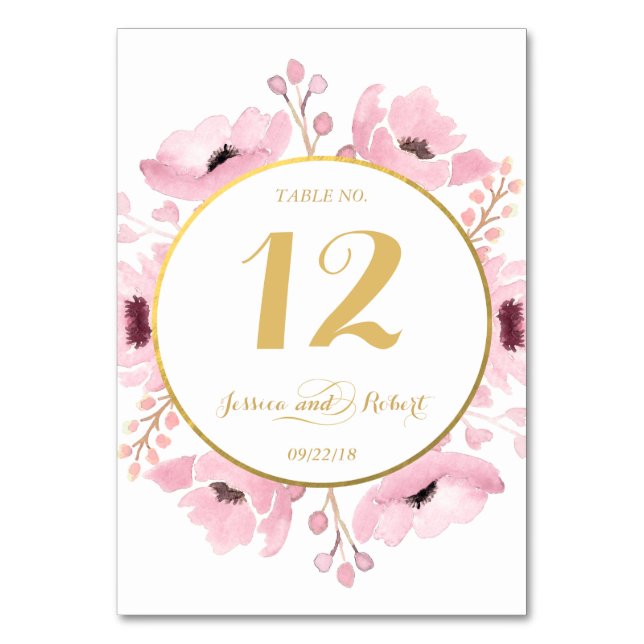 Spring Pinks Watercolor Floral Wedding Collection Table Number (Front)
