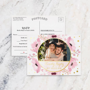 Spring Pinks Watercolor Floral Wedding RSVP Real Foil Invitation Postcard