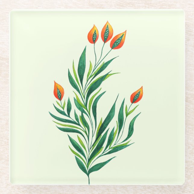 Spring Plant Drawing Abstract Botanical Art Glass Coaster (Front)