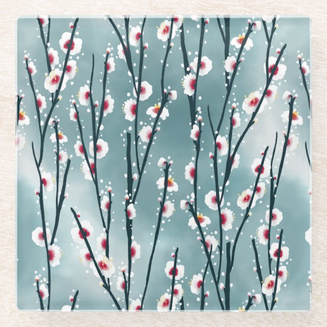 Spring Plum Blossom Floral Pattern Glass Coaster (Front)