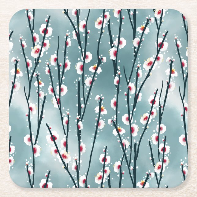 Spring Plum Blossom Floral Pattern Square Paper Coaster (Front)