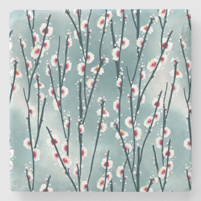 Spring Plum Blossom Floral Pattern Stone Coaster (Front)