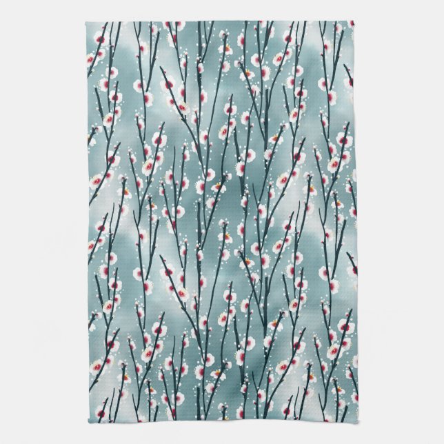 Spring Plum Blossom Floral Pattern Tea Towel (Vertical)