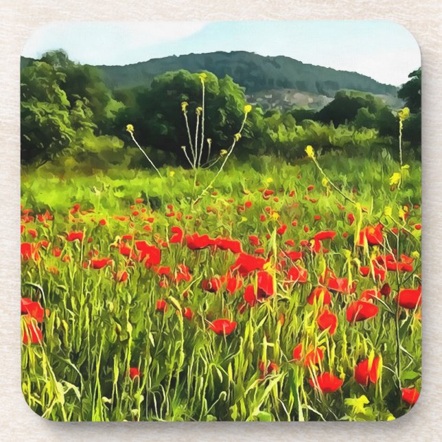 Spring Poppies Meadow and Mountain Landscape Coaster (Front)