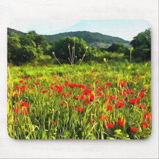 Spring Poppies Meadow and Mountain Landscape Mouse Pad