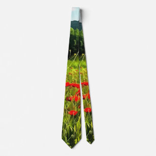 Spring Poppies Meadow and Mountain Landscape Tie